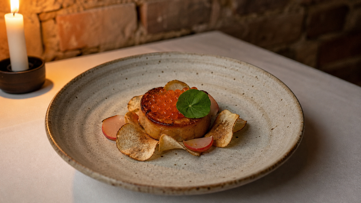 Celeriac course with smoked trout roe and sunchoke chips on stoneware at The Heron & Hawthorn, Northeast Minneapolis.
