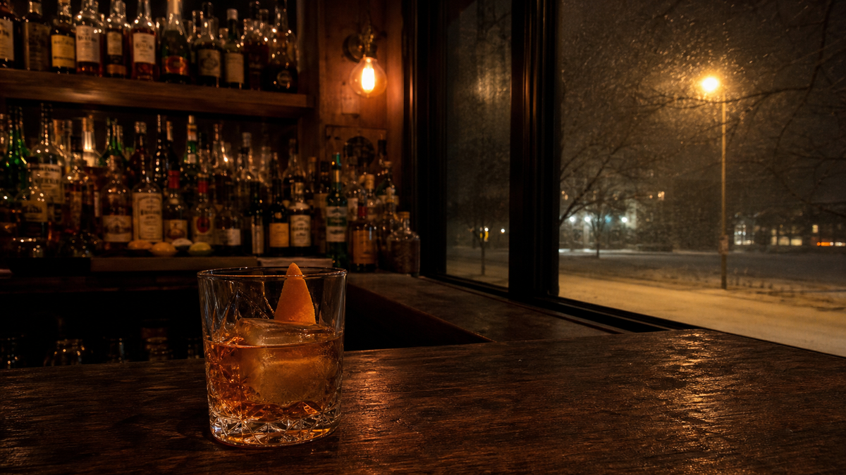 An Old Fashioned with thick orange peel on the bar at Selby Social, Cathedral Hill, with snow falling outside.